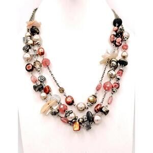 Mother of pearl gold tone 3 strand chain w/ pink crytsals, faux pearls layered